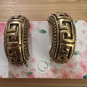 Chunky Gold Tone Greek Key Clip Earrings